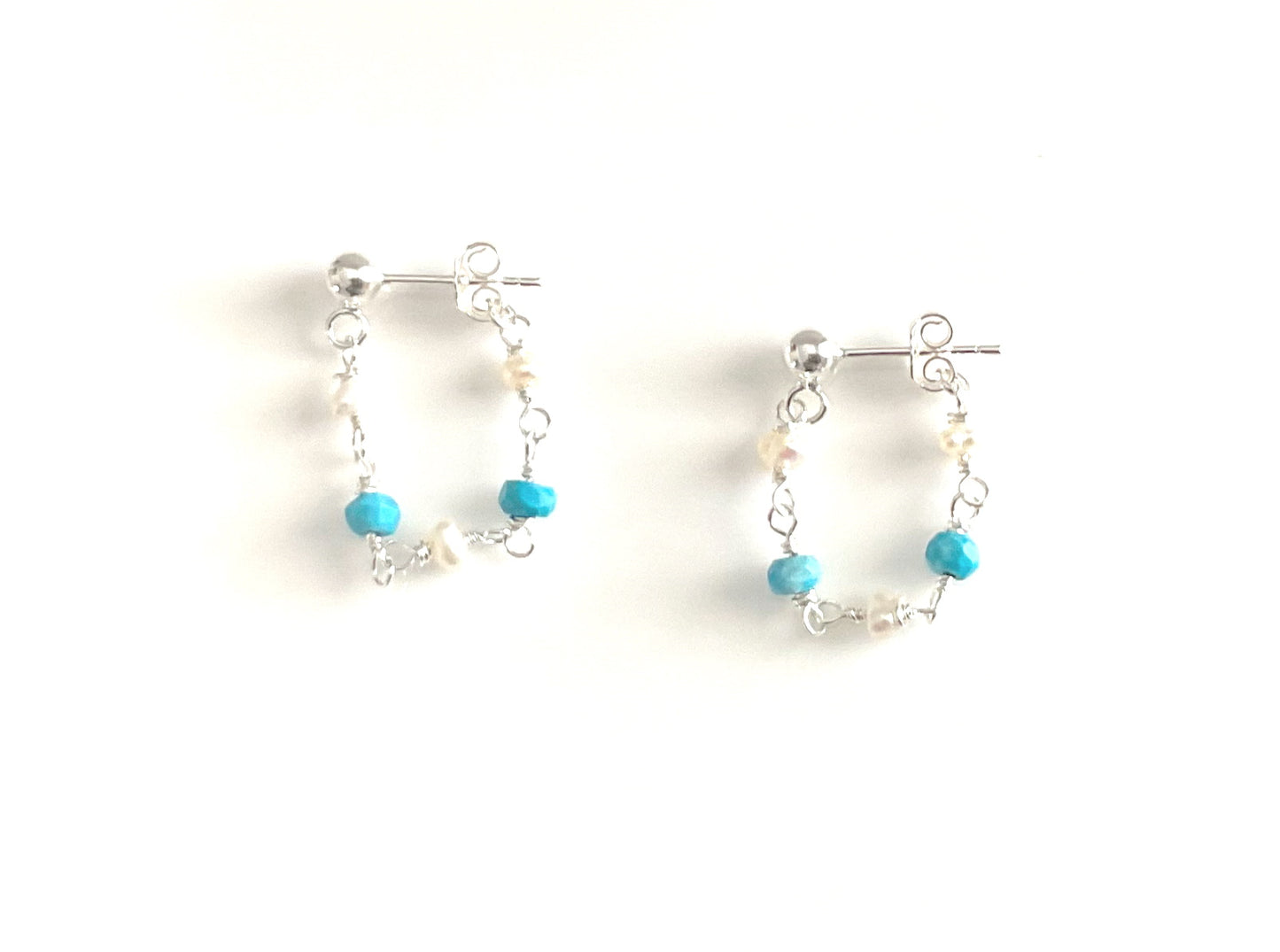 Sterling Silver Turquoise and Pearl Chain Drop Earrings