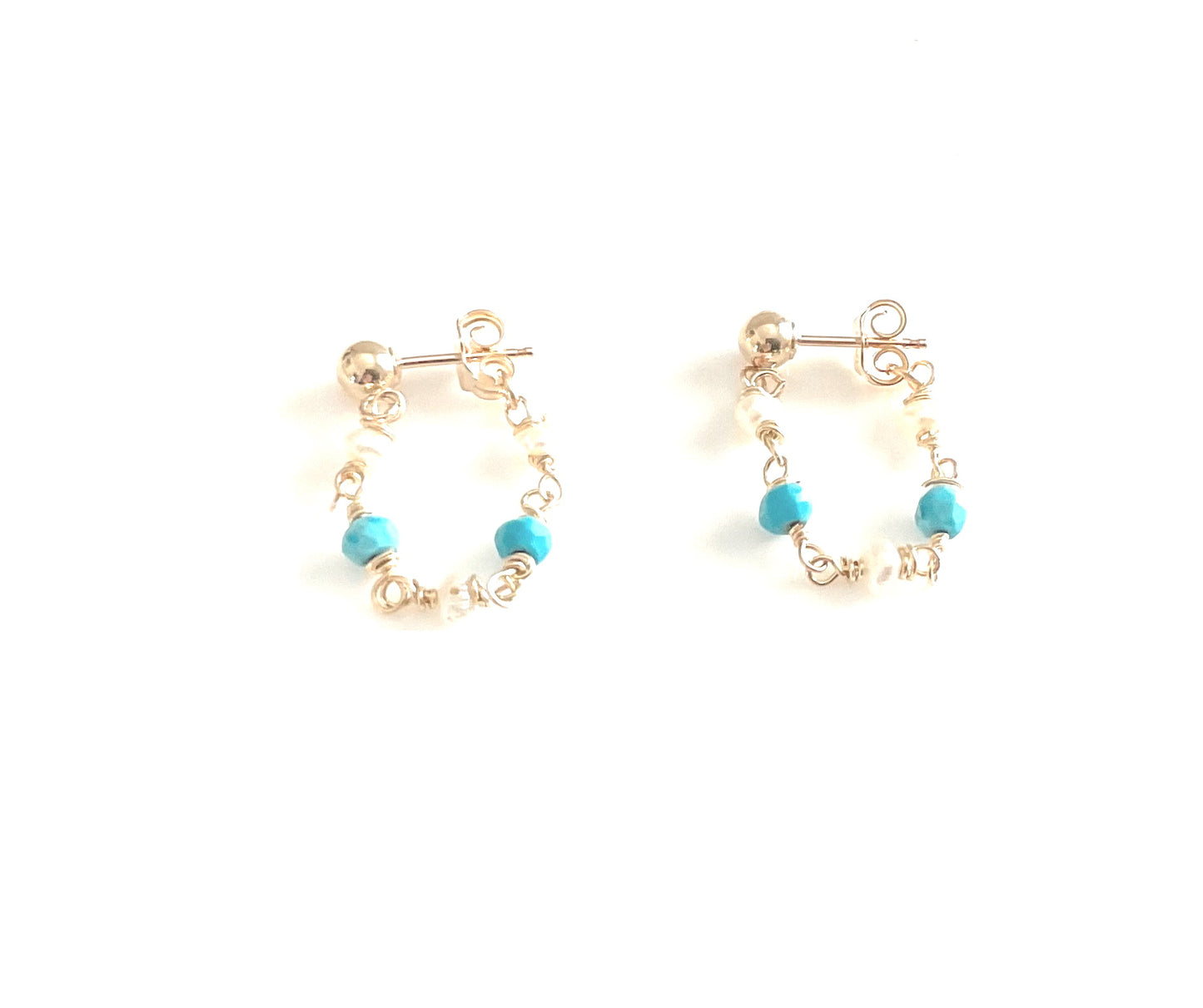 Gold Fill Turquoise and Pearl Chain Drop Earrings